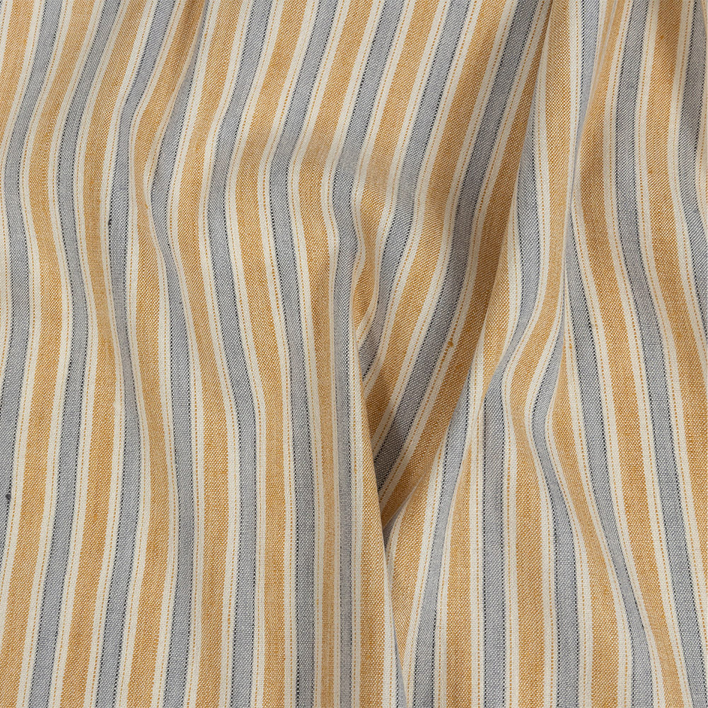 Gamboge and Icelandic Blue Ticking Striped Stretch Linen and Rayon Woven Gamboge and Icelandic Blue Ticking Striped Stretch Linen and Rayon Woven