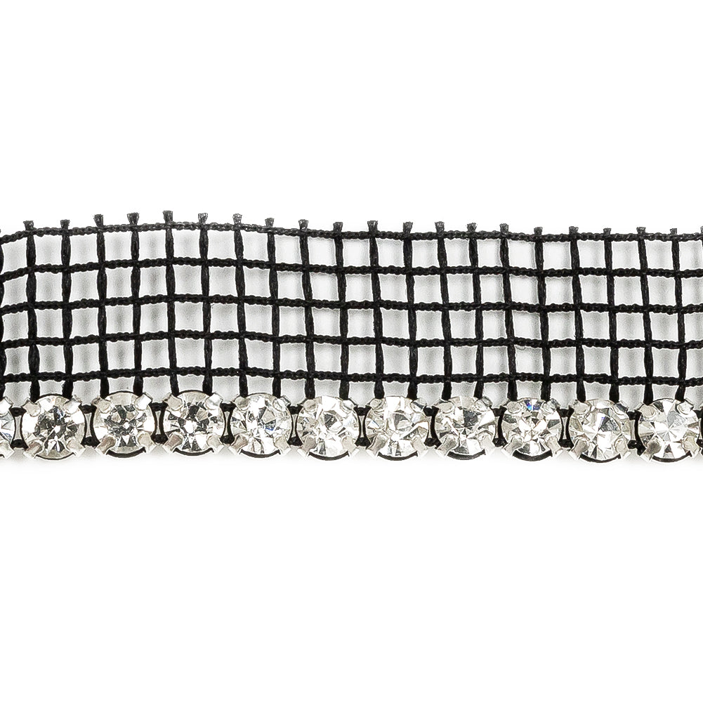 Vintage Crystal and Silver 1 Row Circular Rhinestones on Black Mesh Trimming - 0.625" Detail Vintage Crystal and Silver 1 Row Circular Rhinestones on Black Mesh Trimming - 0.625" Detail