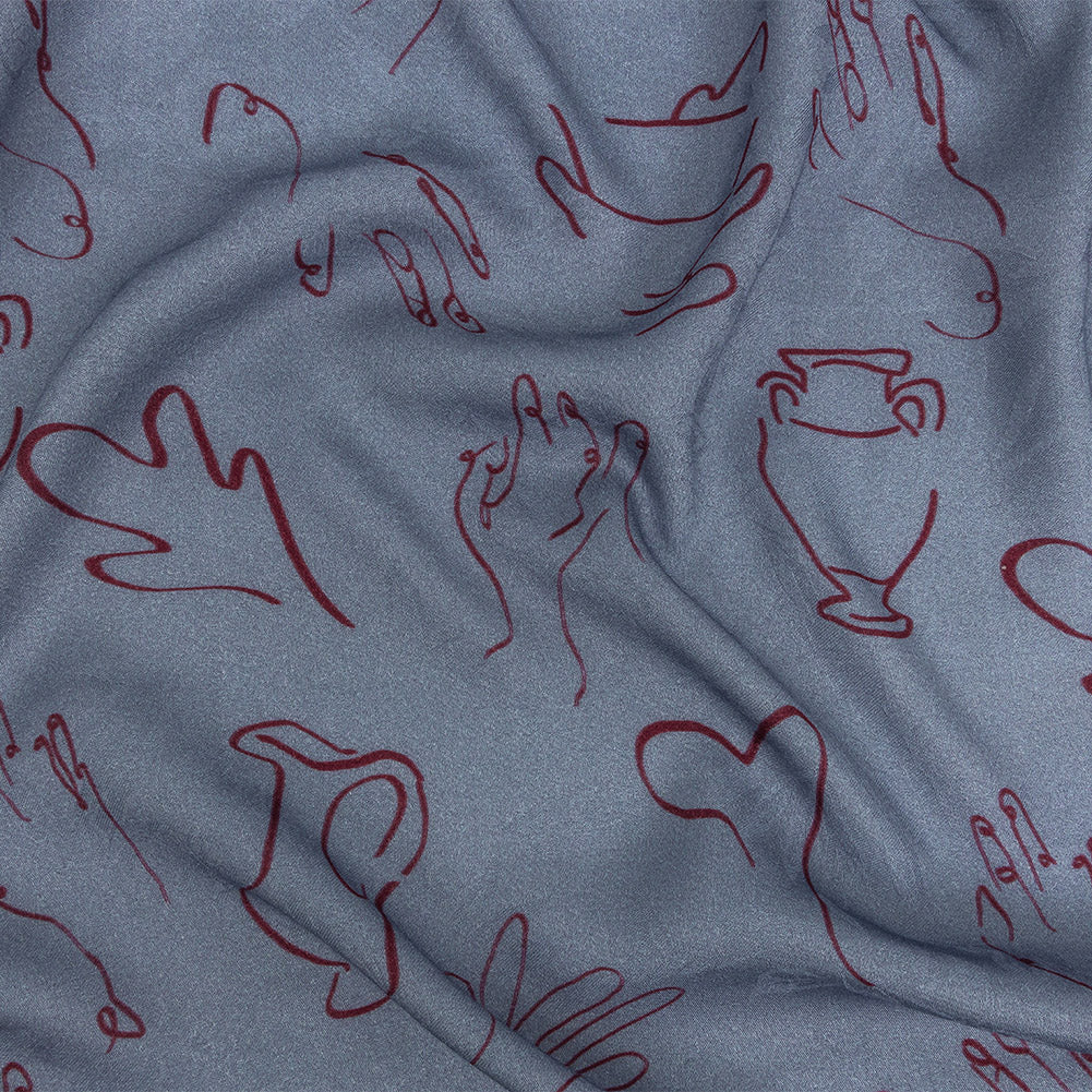 Leafy Viscose Jacquard Print - Blue and Wine Red Doodled Objects - Mood Exclusive Hand It Over Leafy Viscose Jacquard Print - Blue and Wine Red Doodled Objects - Mood Exclusive Hand It Over