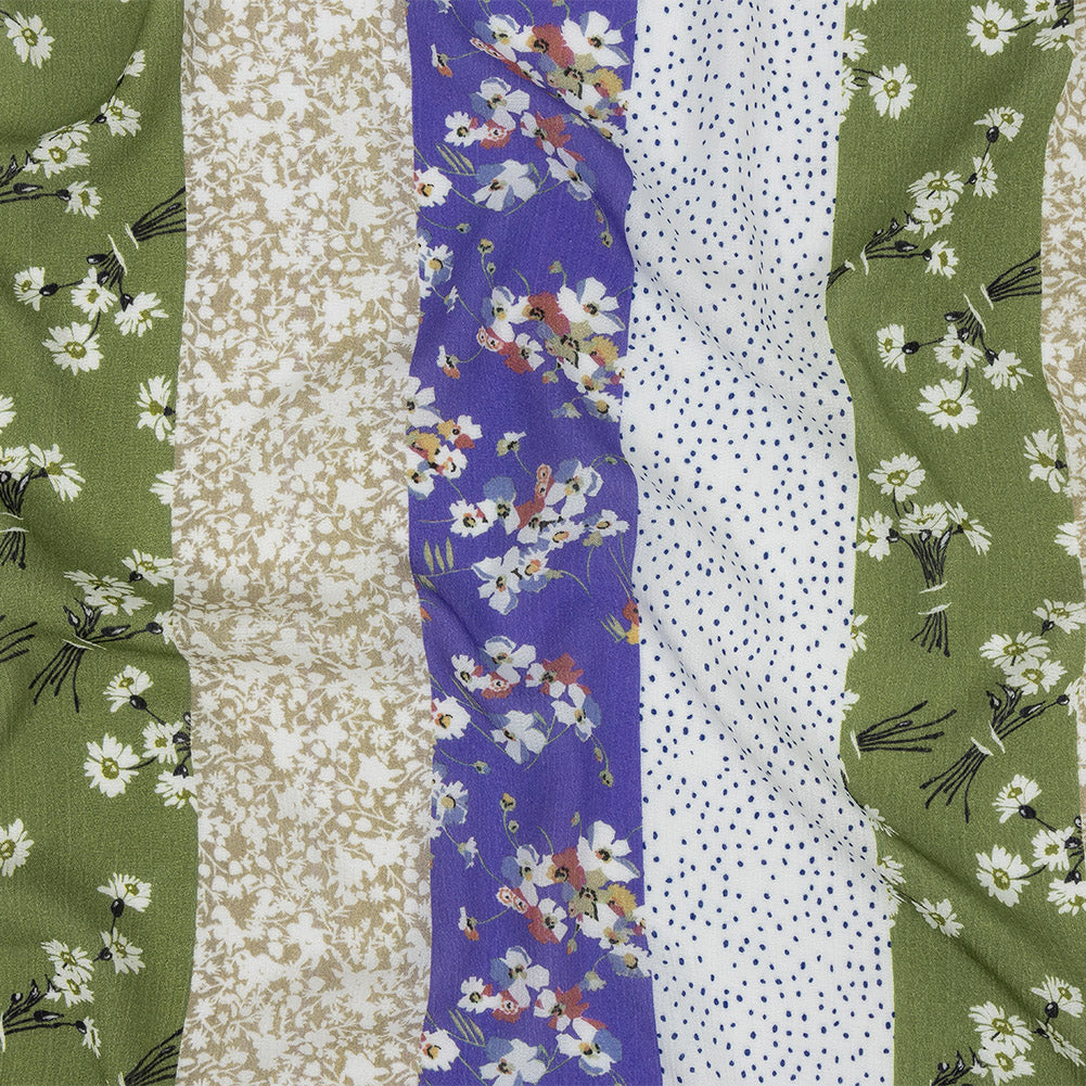 Gauzy Wrinkled Rayon Woven Print - Violet and Pea Green Floral Stripes - Mood Exclusive Perennial Paths Gauzy Wrinkled Rayon Woven Print - Violet and Pea Green Floral Stripes - Mood Exclusive Perennial Paths