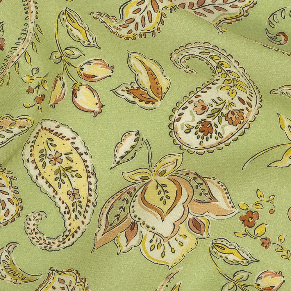 Viscose Twill Print - Light Green and Orange Paisley Floral - Mood Exclusive Paisley Daze Detail Viscose Twill Print - Light Green and Orange Paisley Floral - Mood Exclusive Paisley Daze Detail