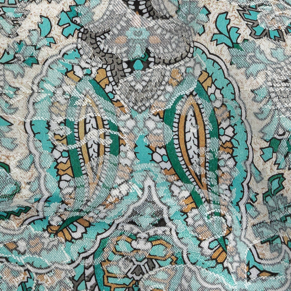 Stretch Floral Jacquard Print - Turquoise and Orange Ornate Paisley - Mood Exclusive Baroque Embellishments Detail Stretch Floral Jacquard Print - Turquoise and Orange Ornate Paisley - Mood Exclusive Baroque Embellishments Detail