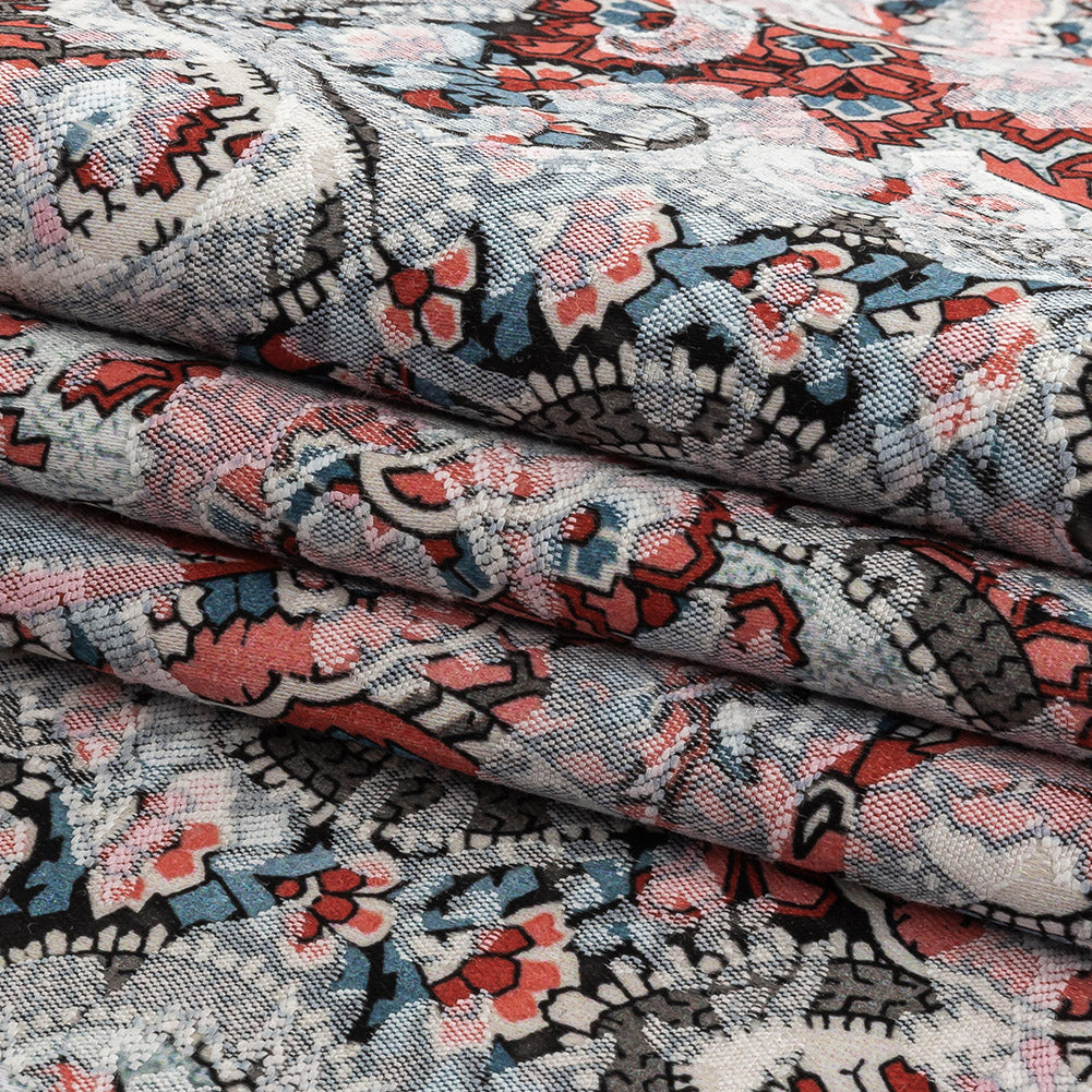 Stretch Floral Jacquard Print - Coral and Red Ornate Paisley - Mood Exclusive Baroque Embellishments Folded Stretch Floral Jacquard Print - Coral and Red Ornate Paisley - Mood Exclusive Baroque Embellishments Folded