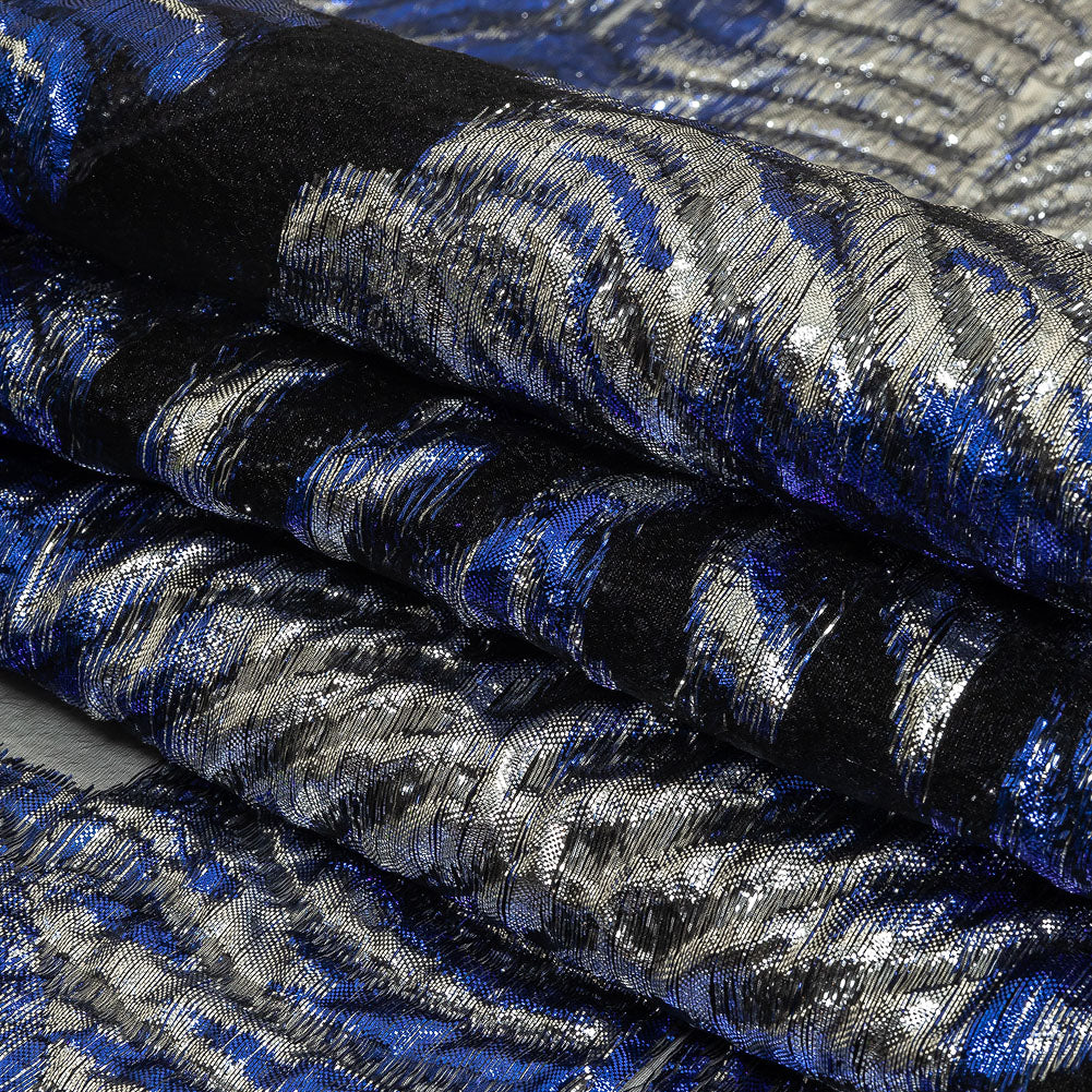 Metallic Silver and Royal Blue Leafy Luxury Burnout Brocade Folded Metallic Silver and Royal Blue Leafy Luxury Burnout Brocade Folded