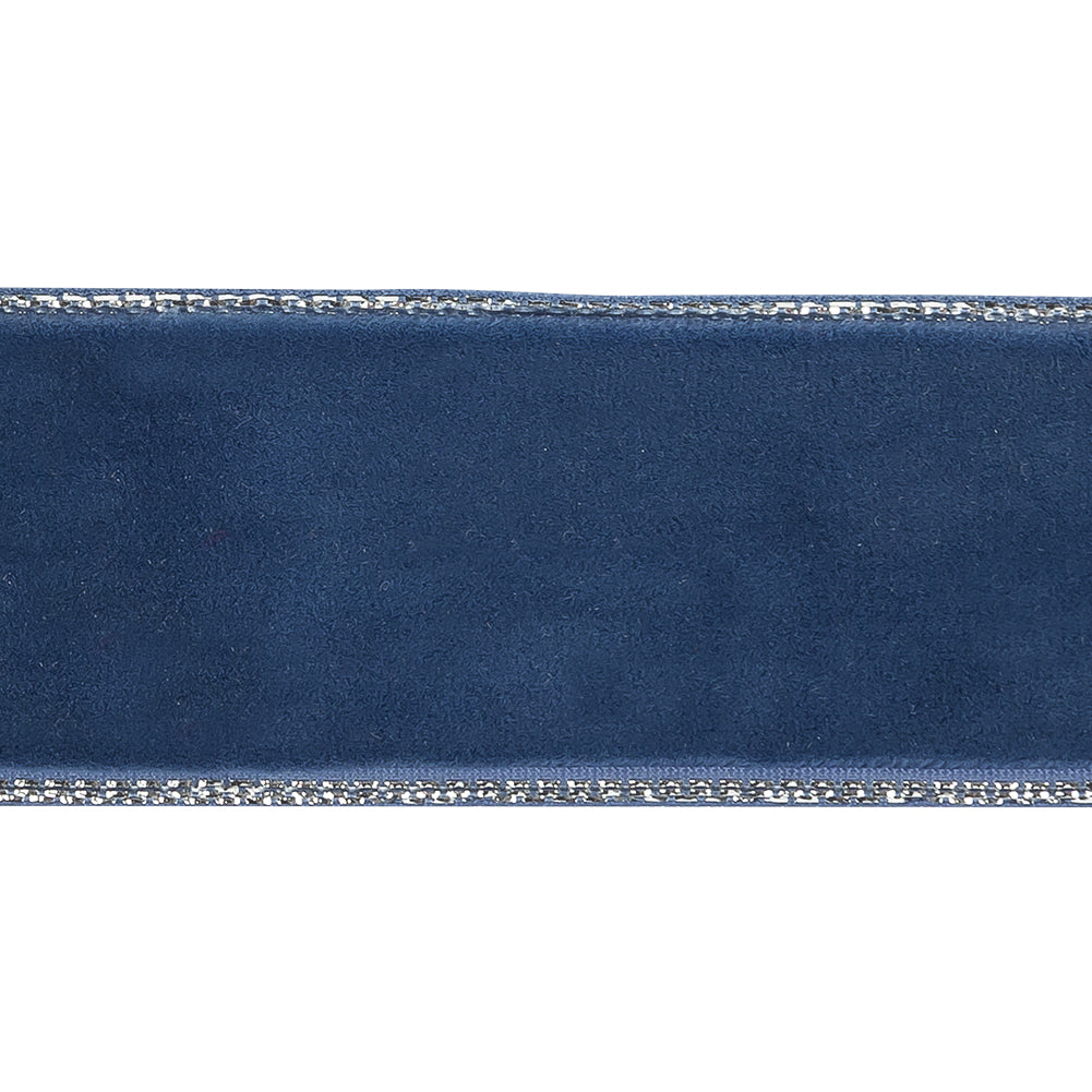 Navy Peony and Silver Metallic Lined Velvet Ribbon - 1" Detail Navy Peony and Silver Metallic Lined Velvet Ribbon - 1" Detail