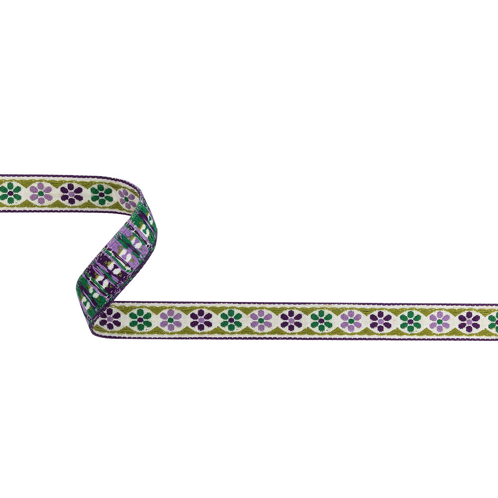 Green, Off-White and Purple Floral German Jacquard Cotton Ribbon - 0.625" Green, Off-White and Purple Floral German Jacquard Cotton Ribbon - 0.625"
