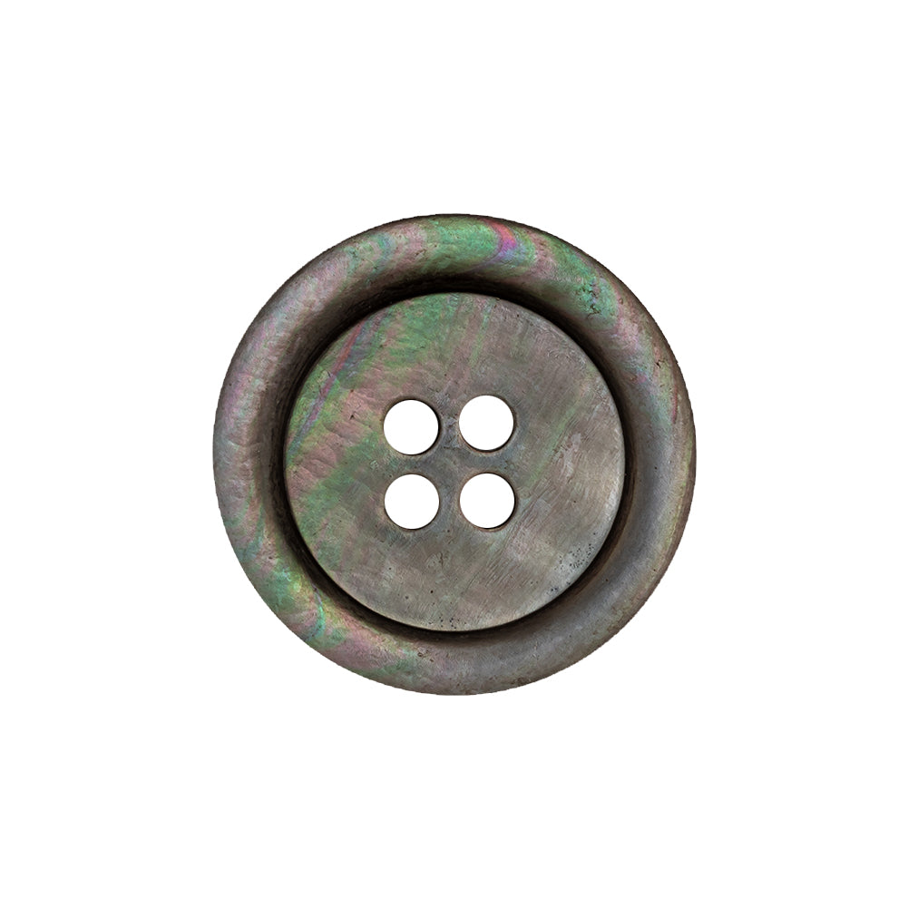 Italian Charcoal Gray, Green and Magenta Iridescent 4-Hole Tire Rim Shell Button - 36L/23mm Italian Charcoal Gray, Green and Magenta Iridescent 4-Hole Tire Rim Shell Button - 36L/23mm