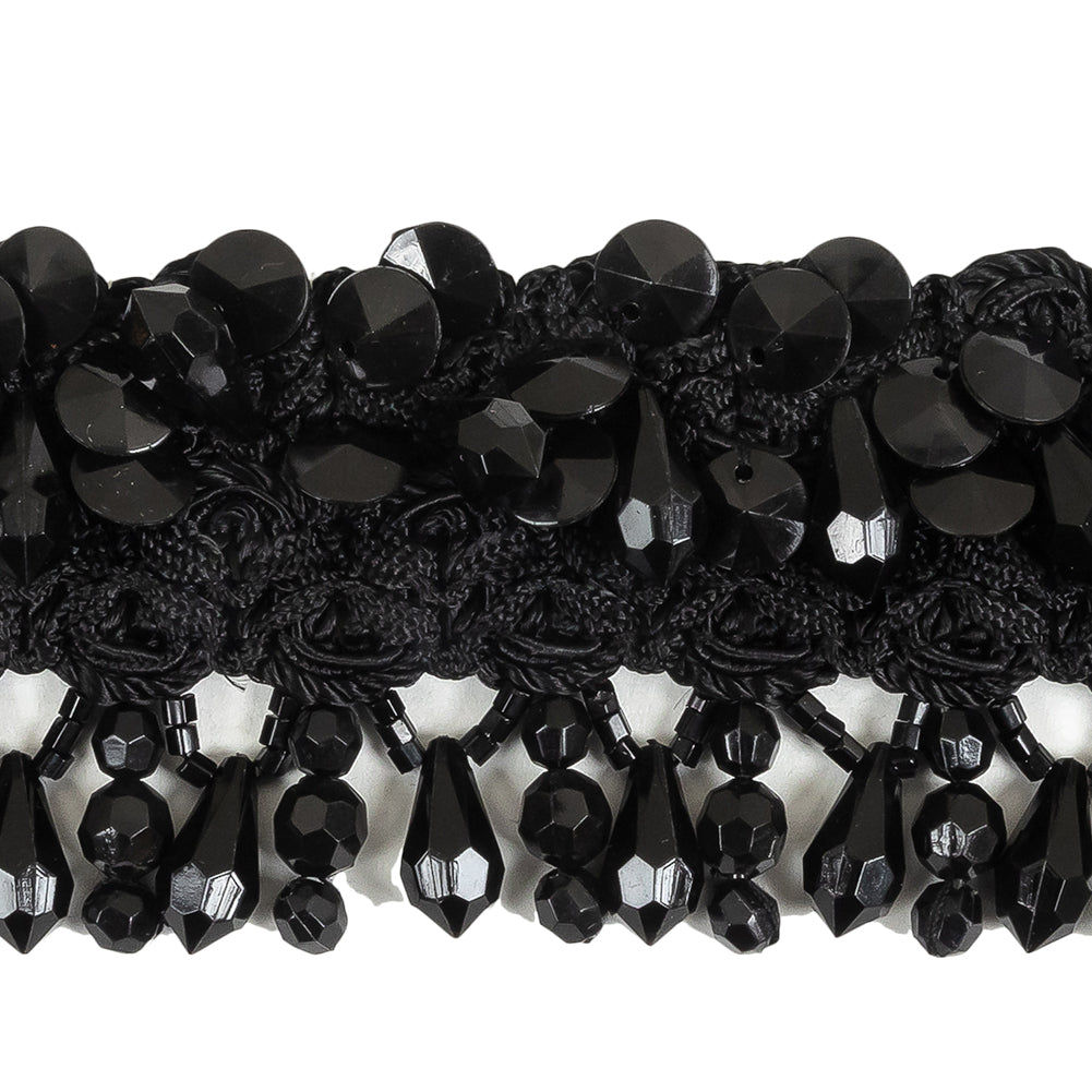 Vintage Black Ornate Braided Trim with Beaded Fringe - 2.25" Detail Vintage Black Ornate Braided Trim with Beaded Fringe - 2.25" Detail