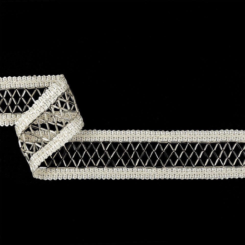 Vintage Silver and Ivory Diamond Lattice Woven Beaded Trim - 1.75" Vintage Silver and Ivory Diamond Lattice Woven Beaded Trim - 1.75"