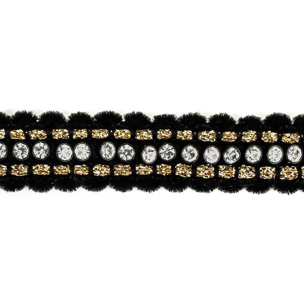 Vintage Fancy Black, Crystal and Gold Lurex Chenille Trim - 0.875" Detail Vintage Fancy Black, Crystal and Gold Lurex Chenille Trim - 0.875" Detail