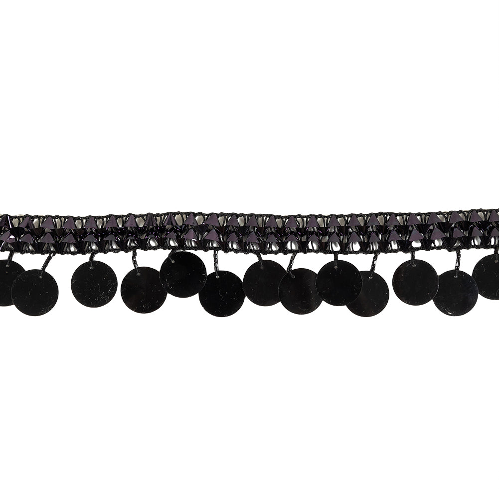 Vintage Metallic Black Braided Trim with Black Beads and Paillette Sequins Fringe - 1.75" Vintage Metallic Black Braided Trim with Black Beads and Paillette Sequins Fringe - 1.75"