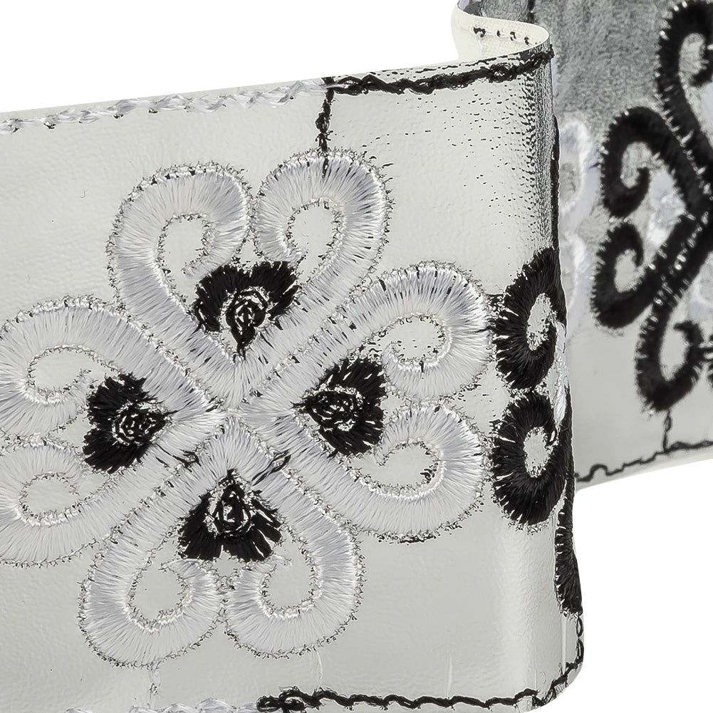 Vintage English White and Black Embroidered Silver Metallic Vinyl Ribbon - 2.75" Detail Vintage English White and Black Embroidered Silver Metallic Vinyl Ribbon - 2.75" Detail