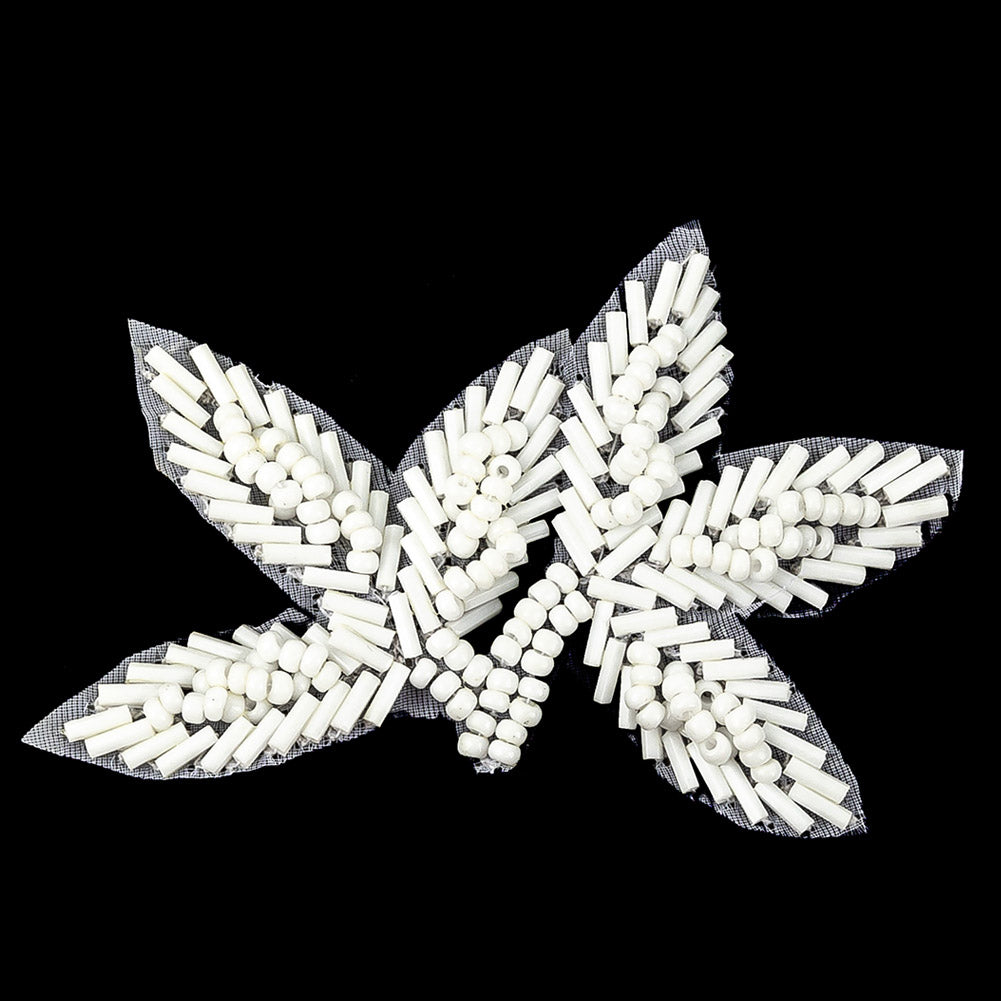 Vintage Opaque White Bugle and Seed Beaded Foliage Applique - 2.25" x 3.25" Detail Vintage Opaque White Bugle and Seed Beaded Foliage Applique - 2.25" x 3.25" Detail