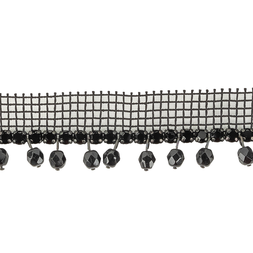 Vintage Jet Circular Rhinestone Trimming on Black Mesh with Faceted Beaded Fringe - 1" Detail Vintage Jet Circular Rhinestone Trimming on Black Mesh with Faceted Beaded Fringe - 1" Detail