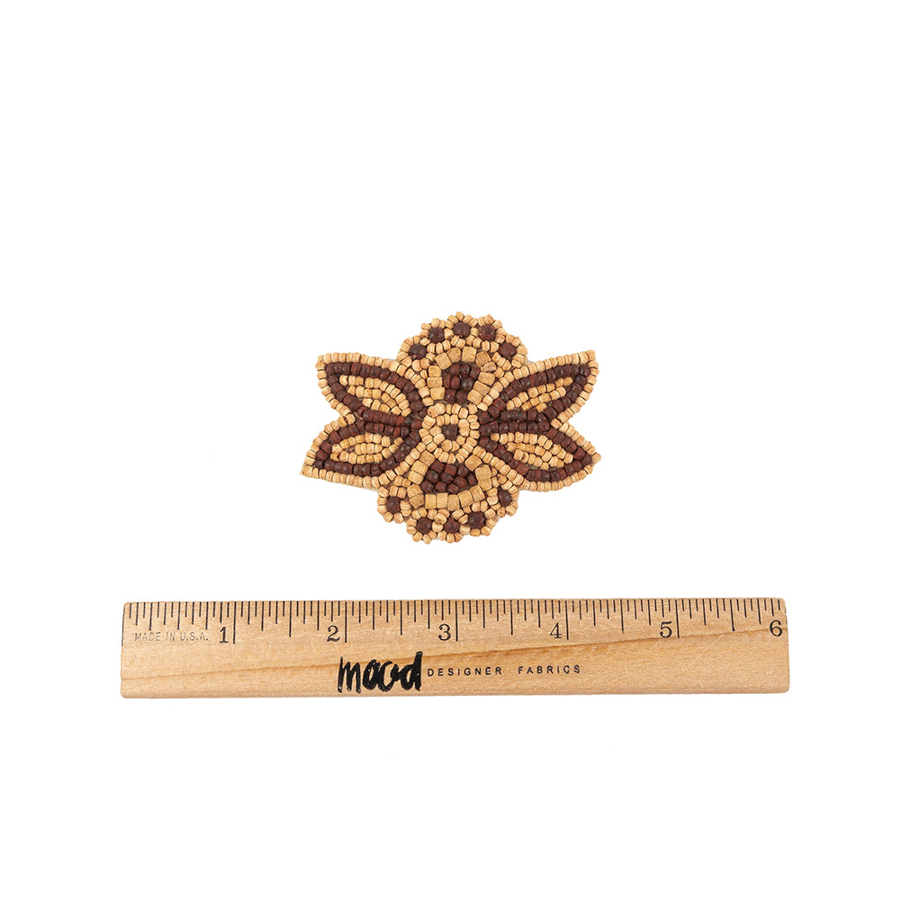Vintage Brown and Natural Wood Beaded Abstracted Floral Applique - 2.75" x 2.125" Full Vintage Brown and Natural Wood Beaded Abstracted Floral Applique - 2.75" x 2.125" Full