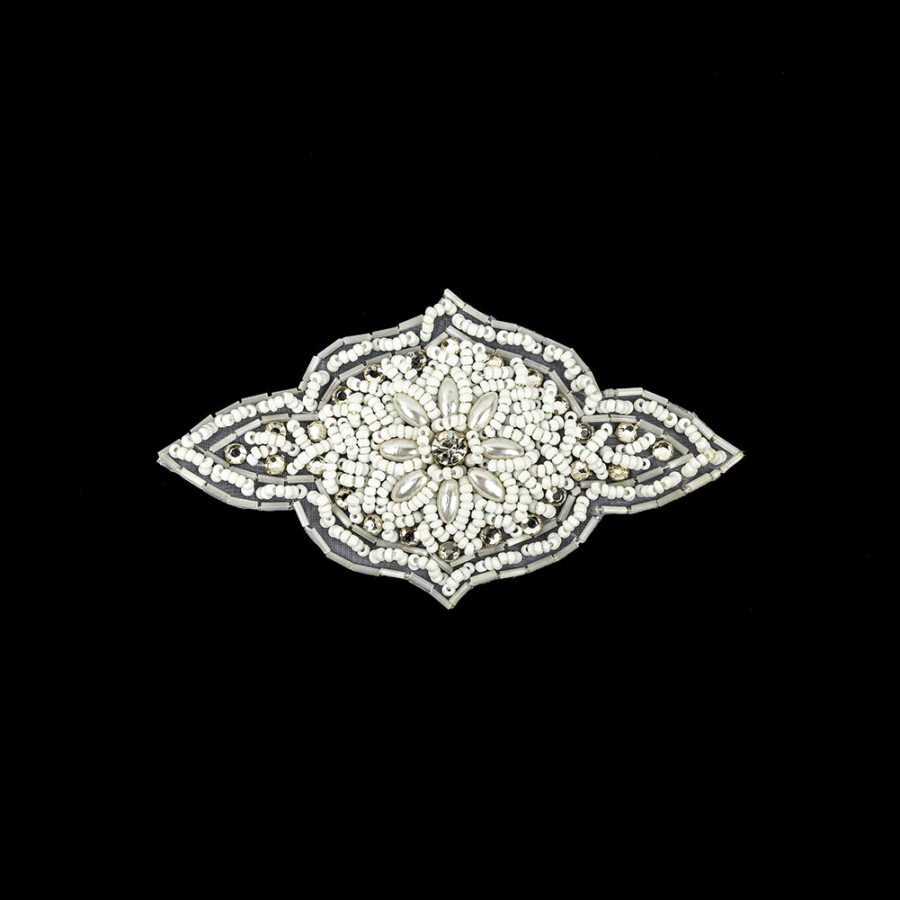 Vintage White Beaded and Rhinestone Floral Diamond Shaped Applique - 5.75" x 2.875" Vintage White Beaded and Rhinestone Floral Diamond Shaped Applique - 5.75" x 2.875"
