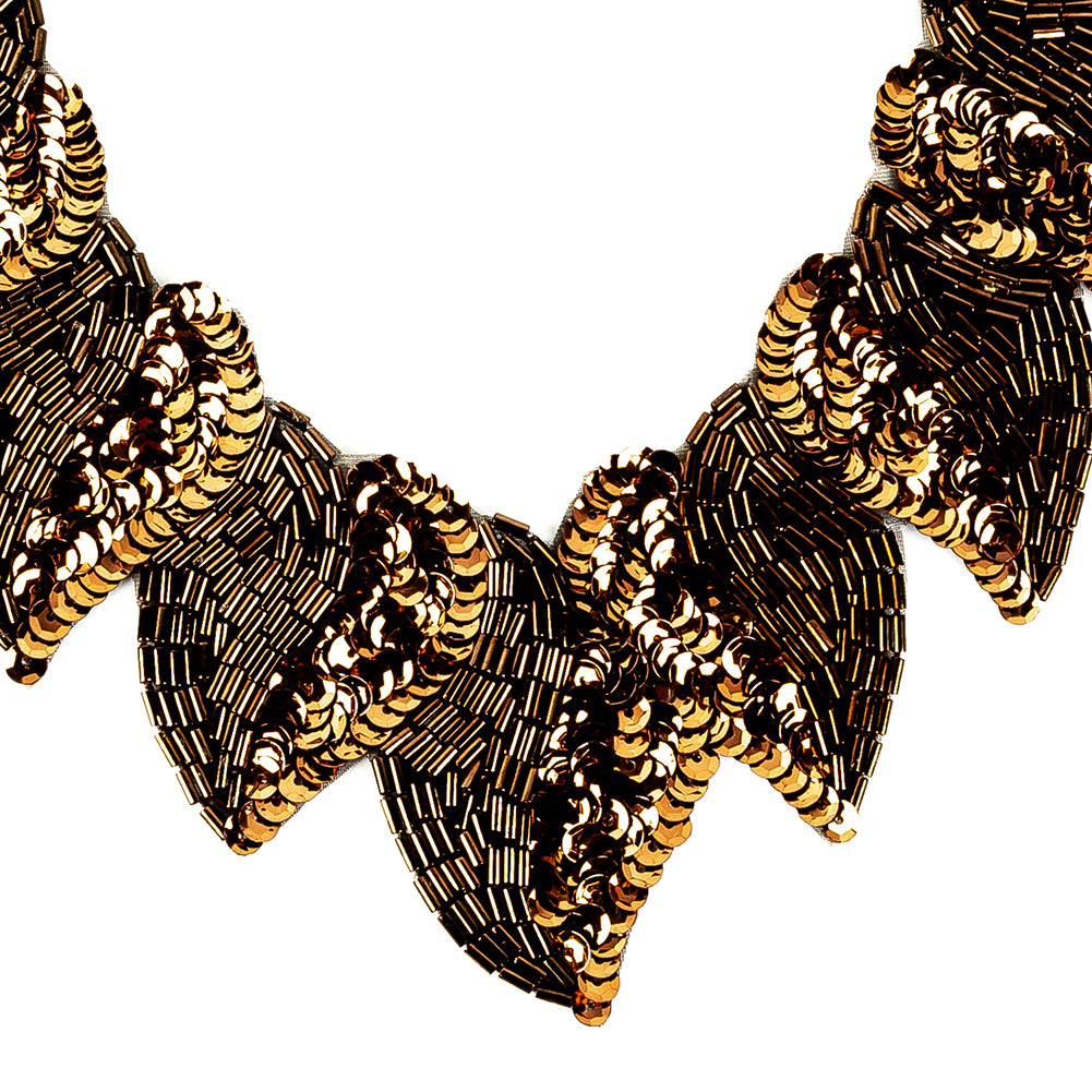 Vintage Fancy Bronze Sequins and Bugle Beaded Neckline Applique - 7.625" X 7.375" Detail Vintage Fancy Bronze Sequins and Bugle Beaded Neckline Applique - 7.625" X 7.375" Detail