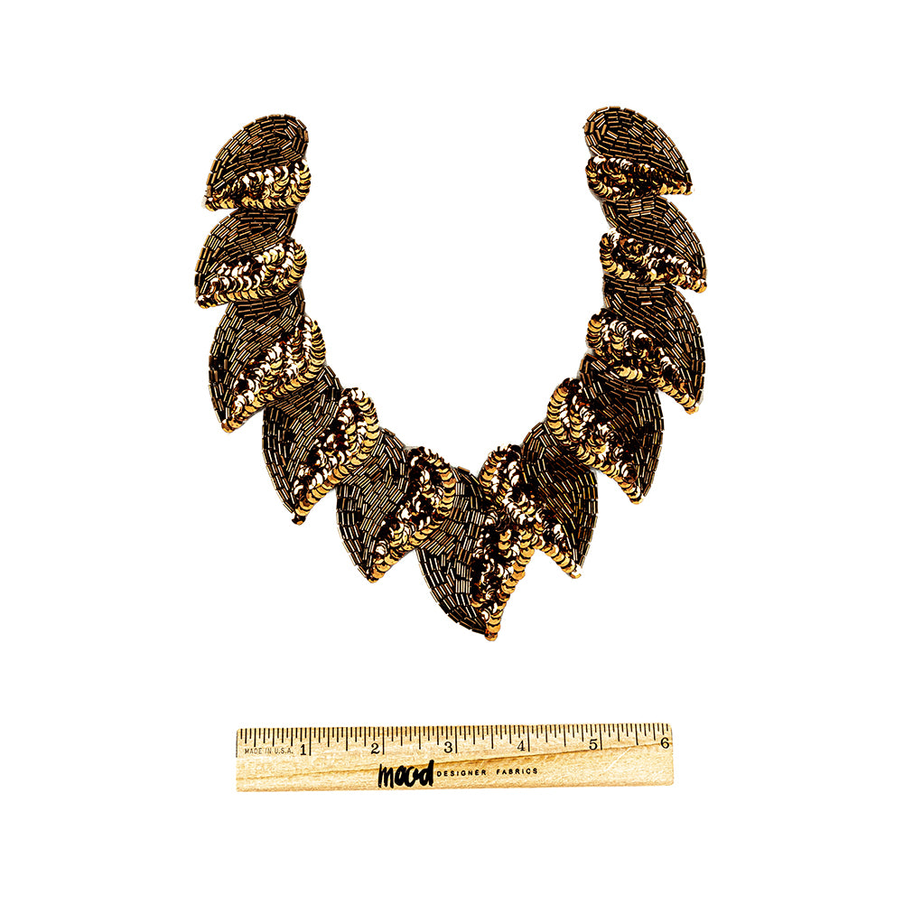 Vintage Fancy Bronze Sequins and Bugle Beaded Neckline Applique - 7.625" X 7.375" Full Vintage Fancy Bronze Sequins and Bugle Beaded Neckline Applique - 7.625" X 7.375" Full