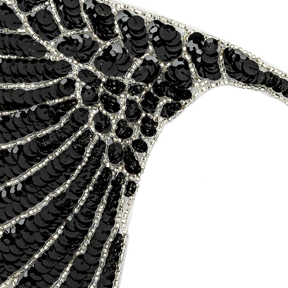 Vintage Fancy Black Sequins and Silver-lined Beaded Fan Applique - 6.25" x 7.5" Detail Vintage Fancy Black Sequins and Silver-lined Beaded Fan Applique - 6.25" x 7.5" Detail