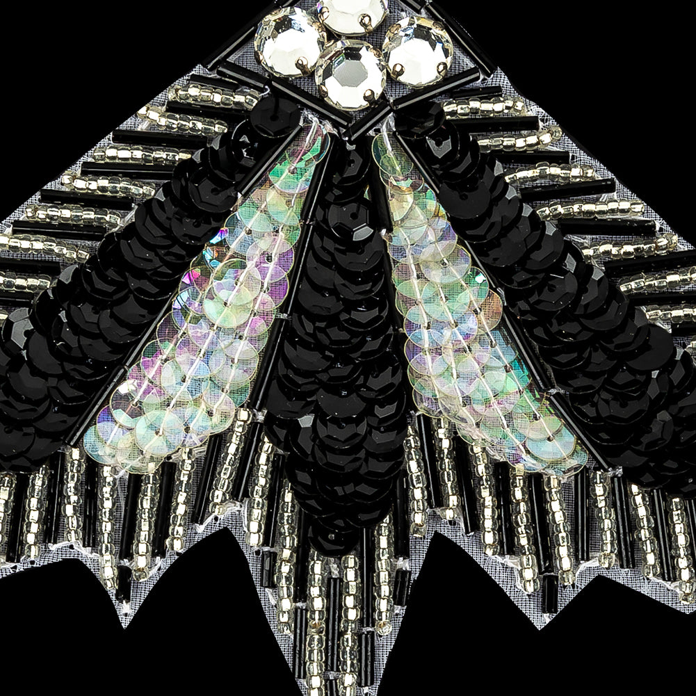Vintage Crystal Iris and Black Sequins with Crystal Rhinestones Silver and Black Beaded Abstract Fan Applique - 4.25" x 7" Detail Vintage Crystal Iris and Black Sequins with Crystal Rhinestones Silver and Black Beaded Abstract Fan Applique - 4.25" x 7" Detail