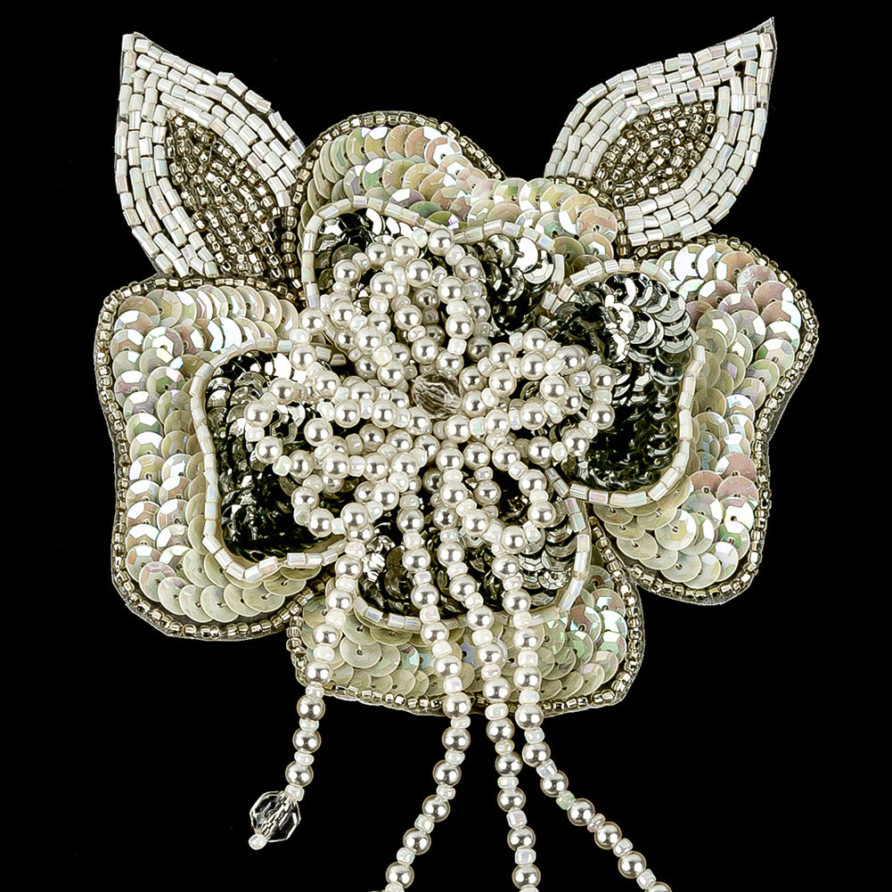 Vintage White Iris and Pearl, Silver Sequins and Beaded 3D Floral Applique with Crystal Bead Center - 6.625" x 4.25" Detail Vintage White Iris and Pearl, Silver Sequins and Beaded 3D Floral Applique with Crystal Bead Center - 6.625" x 4.25" Detail