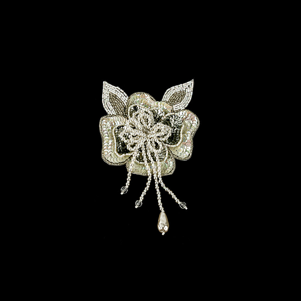 Vintage White Iris and Pearl, Silver Sequins and Beaded 3D Floral Applique with Crystal Bead Center - 6.625" x 4.25" Vintage White Iris and Pearl, Silver Sequins and Beaded 3D Floral Applique with Crystal Bead Center - 6.625" x 4.25"