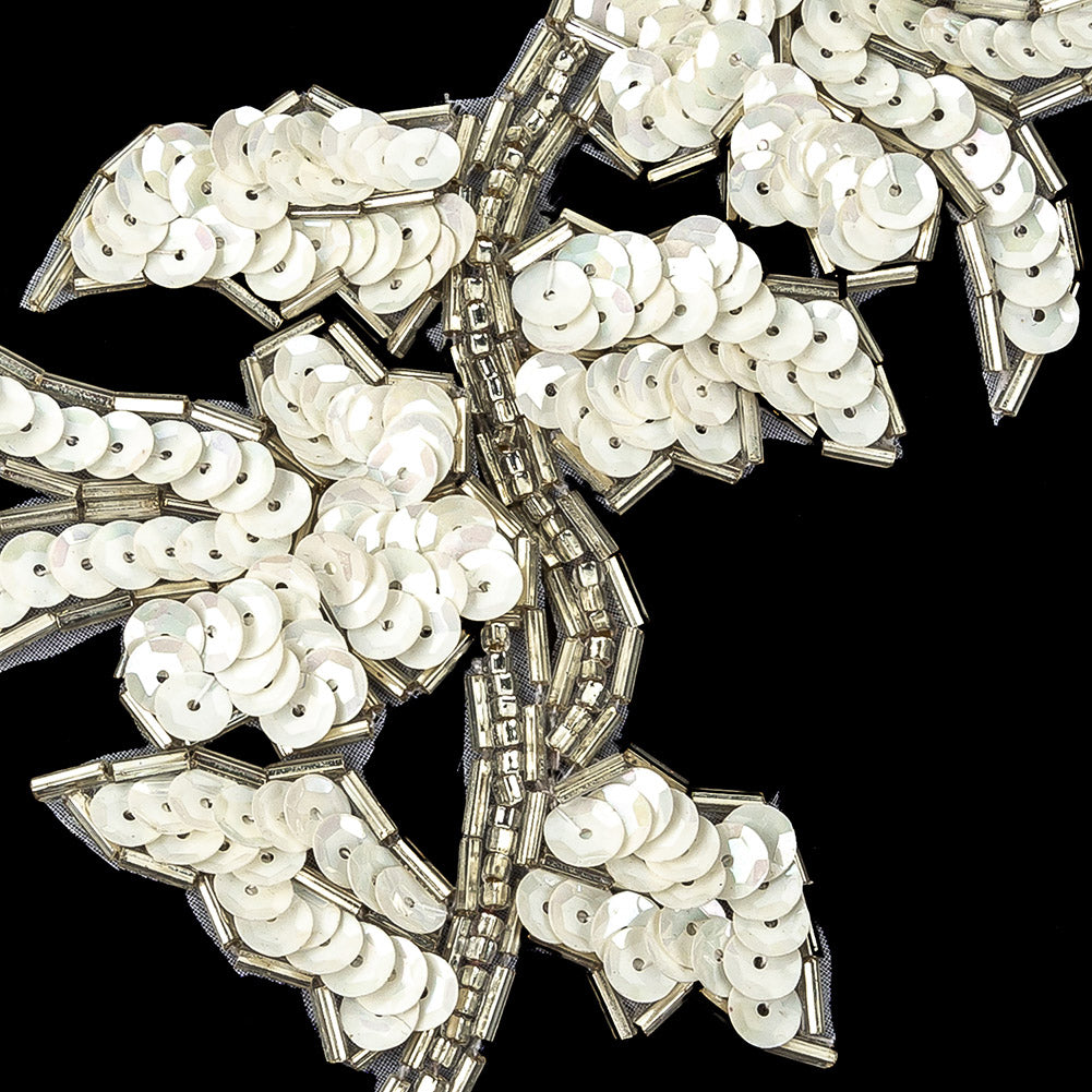 Vintage White Iris Sequins and Silver Bugle Beaded Floral Applique - 4.75" x 3.75" Detail Vintage White Iris Sequins and Silver Bugle Beaded Floral Applique - 4.75" x 3.75" Detail