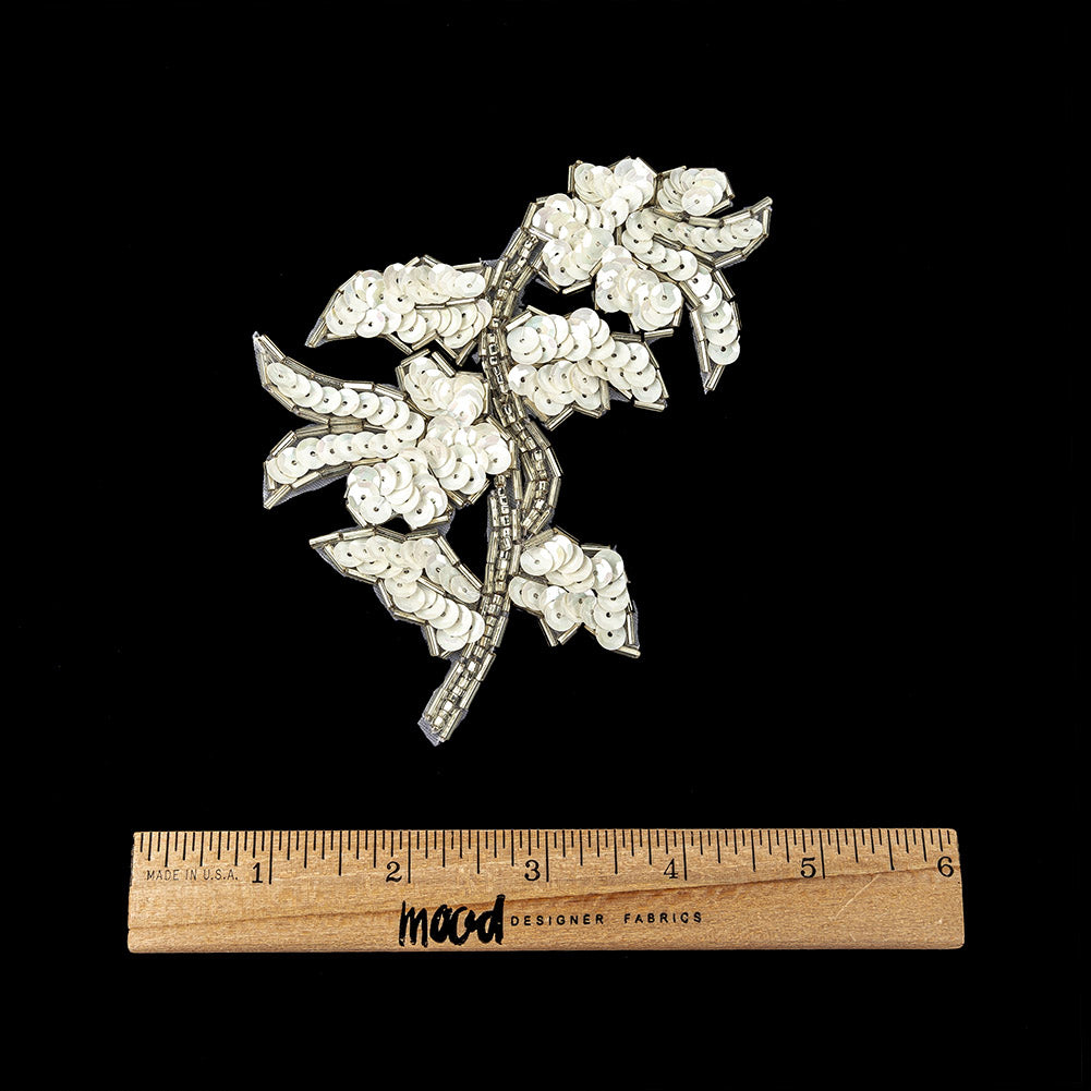 Vintage White Iris Sequins and Silver Bugle Beaded Floral Applique - 4.75" x 3.75" Full Vintage White Iris Sequins and Silver Bugle Beaded Floral Applique - 4.75" x 3.75" Full