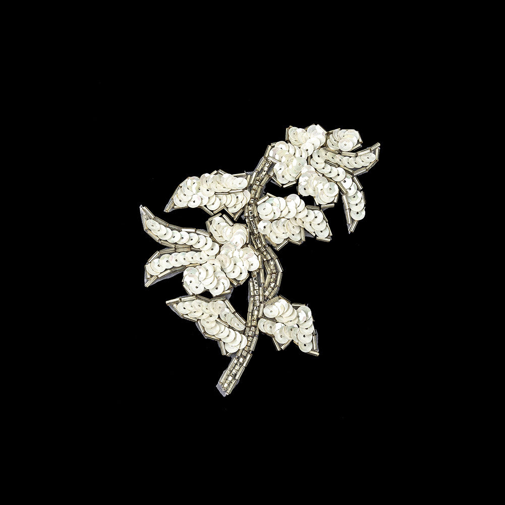 Vintage White Iris Sequins and Silver Bugle Beaded Floral Applique - 4.75" x 3.75" Vintage White Iris Sequins and Silver Bugle Beaded Floral Applique - 4.75" x 3.75"