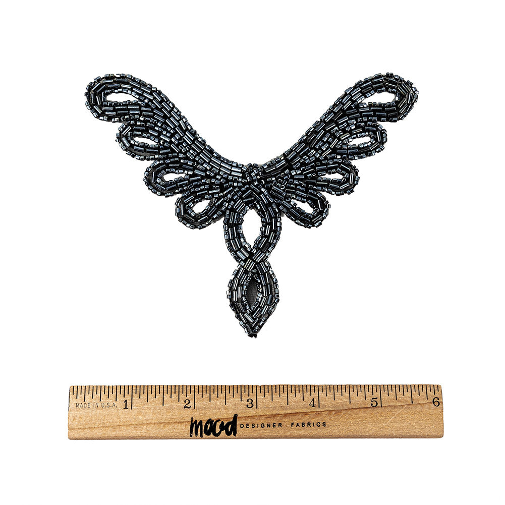 Vintage Gunmetal Bugle and Chop Beaded Abstract Applique - 4.25" x 5.5" Full Vintage Gunmetal Bugle and Chop Beaded Abstract Applique - 4.25" x 5.5" Full