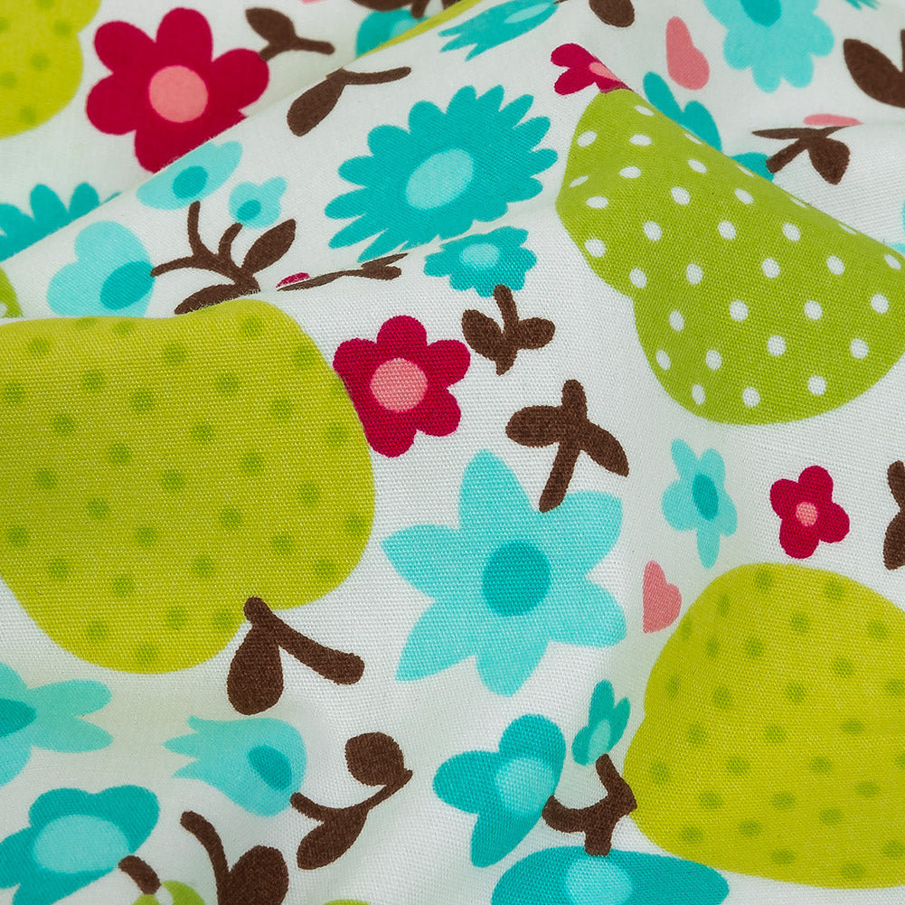 Green Glow Polka-Dotted Apples and Aqua Floral Printed Cotton Poplin Detail Green Glow Polka-Dotted Apples and Aqua Floral Printed Cotton Poplin Detail