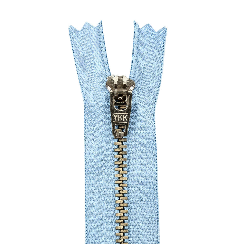 YKK Blue Metal Closed Bottom Zipper with Silver Teeth - 5" Detail YKK Blue Metal Closed Bottom Zipper with Silver Teeth - 5" Detail