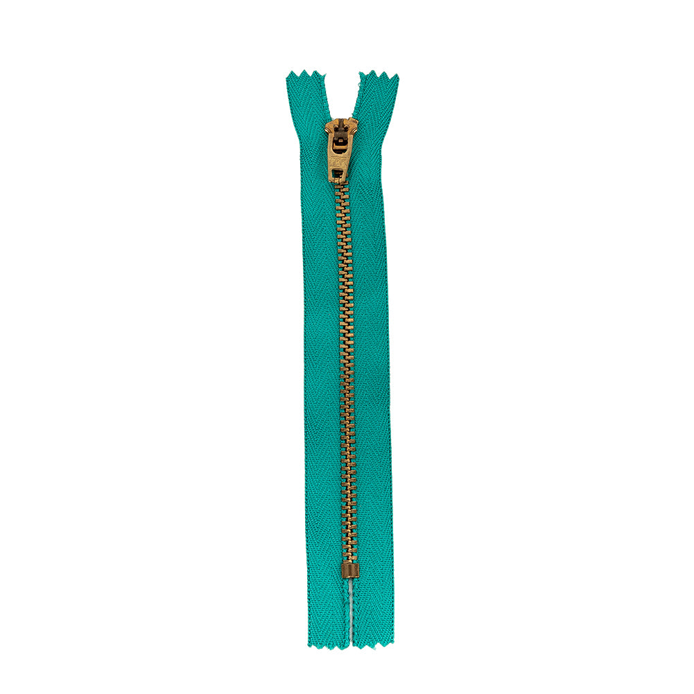 YKK Teal Blue Metal Closed Bottom Zipper with Gold Teeth - 5.5" YKK Teal Blue Metal Closed Bottom Zipper with Gold Teeth - 5.5"