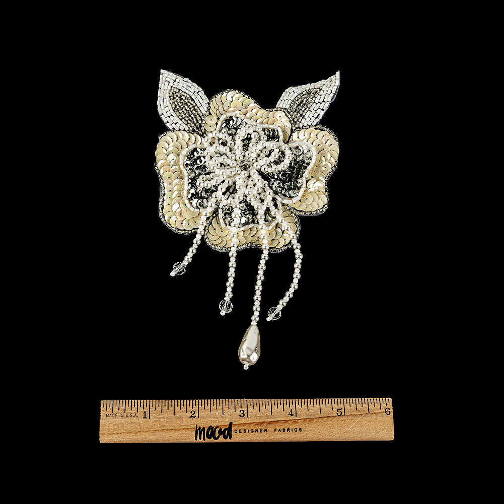 Vintage Golden Iris and Pearl, Silver Sequins and Beaded 3D Floral Applique with Crystal Bead Center - 6.625" x 4.25" Full Vintage Golden Iris and Pearl, Silver Sequins and Beaded 3D Floral Applique with Crystal Bead Center - 6.625" x 4.25" Full