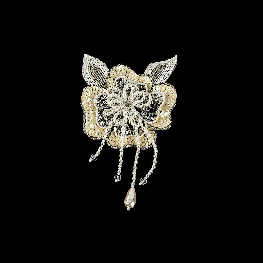 Vintage Golden Iris and Pearl, Silver Sequins and Beaded 3D Floral Applique with Crystal Bead Center - 6.625" x 4.25" Vintage Golden Iris and Pearl, Silver Sequins and Beaded 3D Floral Applique with Crystal Bead Center - 6.625" x 4.25"