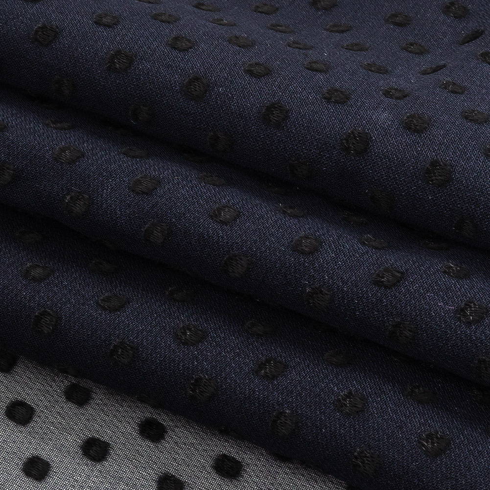 Famous Australian Designer Black Iris Chiffon Silk with Luminous Burnout Polka Dots Folded Famous Australian Designer Black Iris Chiffon Silk with Luminous Burnout Polka Dots Folded