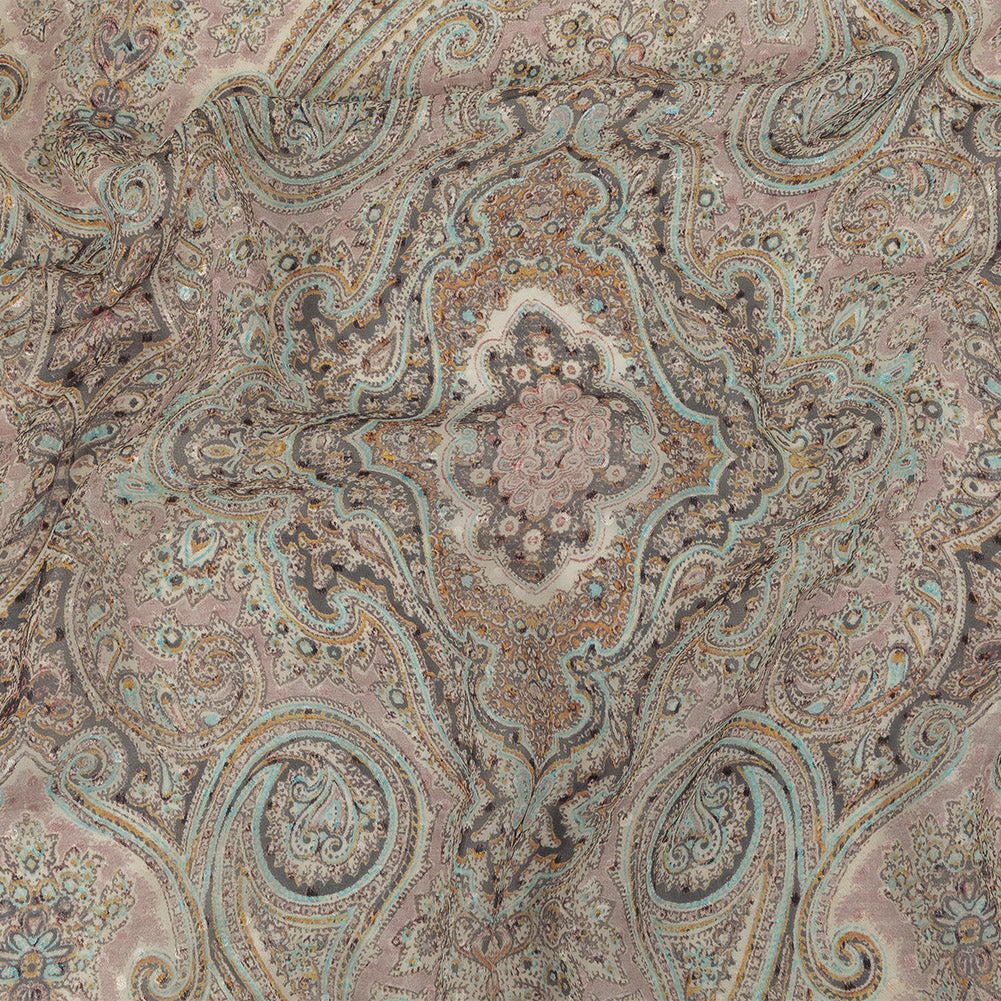 Famous Australian Designer Lotus, Gamboge and Baby Blue Paisley Printed Silk Georgette with Satin Polka Dots Famous Australian Designer Lotus, Gamboge and Baby Blue Paisley Printed Silk Georgette with Satin Polka Dots