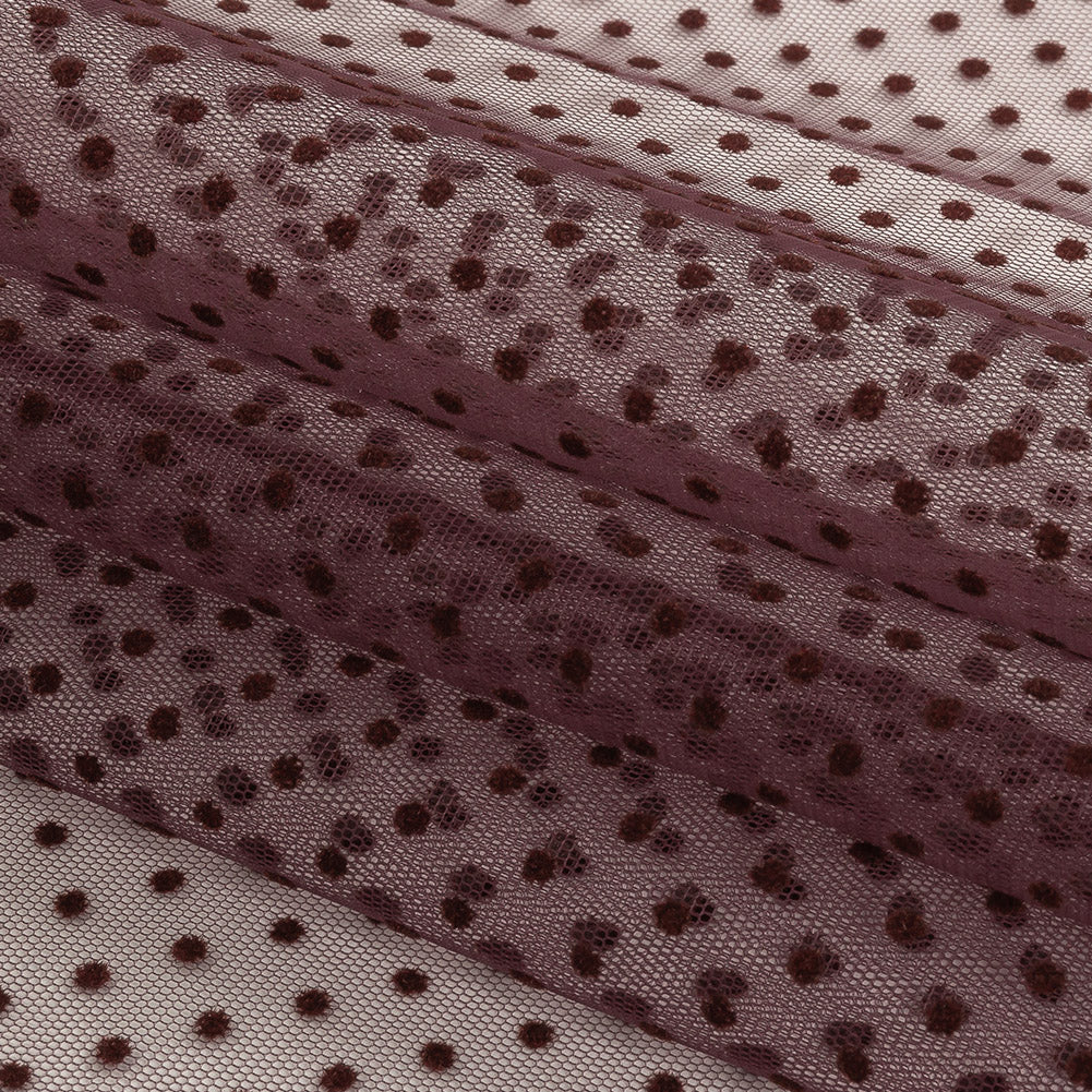 Famous Australian Designer Mahogany Flocked Dots Polyester Mesh Folded Famous Australian Designer Mahogany Flocked Dots Polyester Mesh Folded