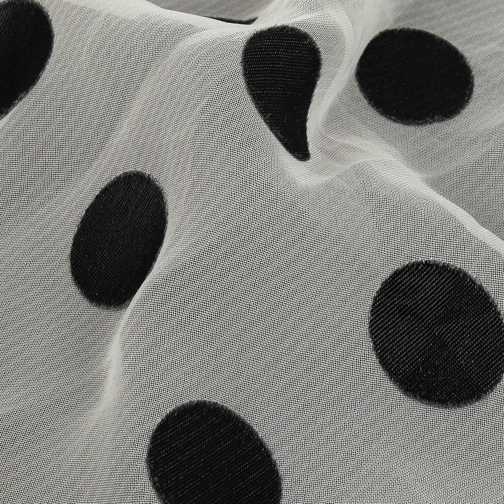 Famous Australian Designer Cloud Dancer White Polyester Chiffon with Large Black Woven Polka Dots Detail Famous Australian Designer Cloud Dancer White Polyester Chiffon with Large Black Woven Polka Dots Detail