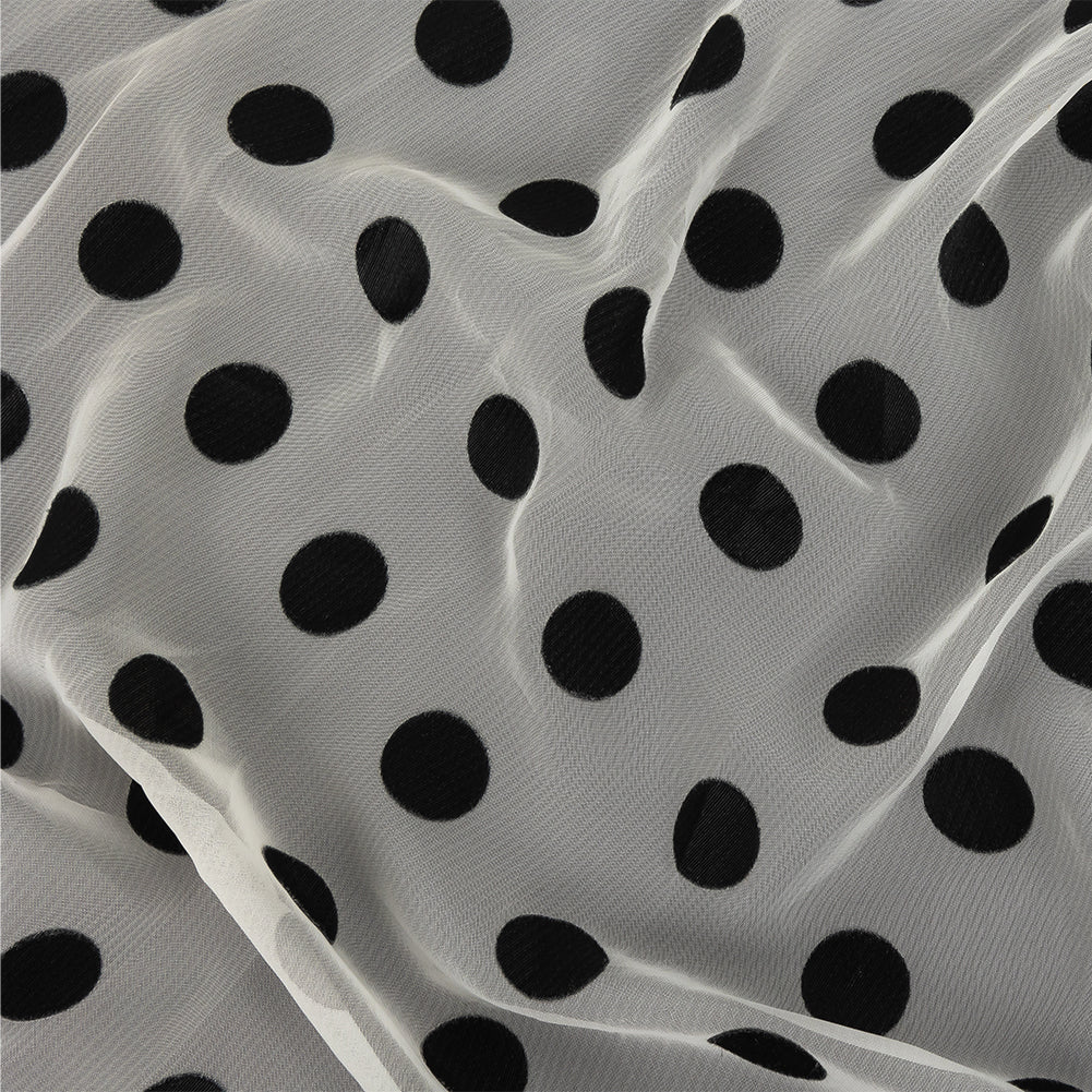 Famous Australian Designer Cloud Dancer White Polyester Chiffon with Large Black Woven Polka Dots Famous Australian Designer Cloud Dancer White Polyester Chiffon with Large Black Woven Polka Dots