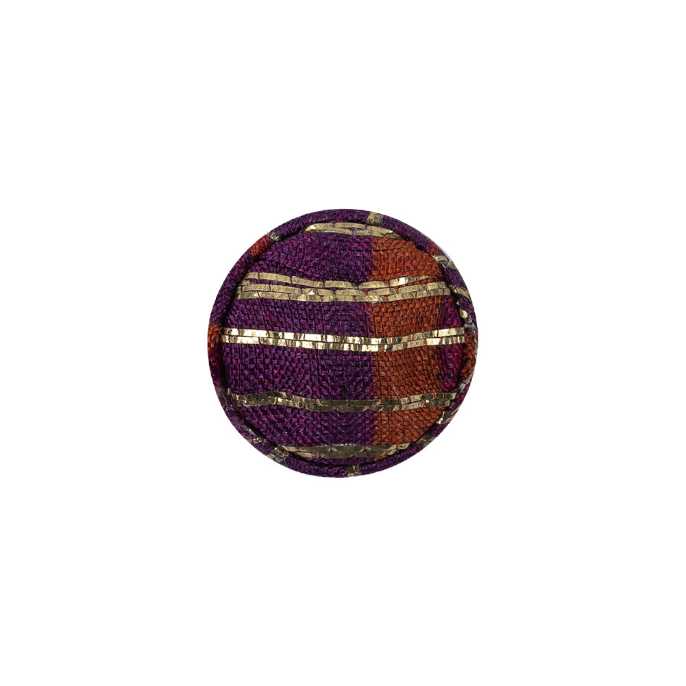 Deep Purple, Orange and Glitteratti Lurex Striped Fabric Covered Rayon Blend Sew On Button - 24L/15mm Detail Deep Purple, Orange and Glitteratti Lurex Striped Fabric Covered Rayon Blend Sew On Button - 24L/15mm Detail