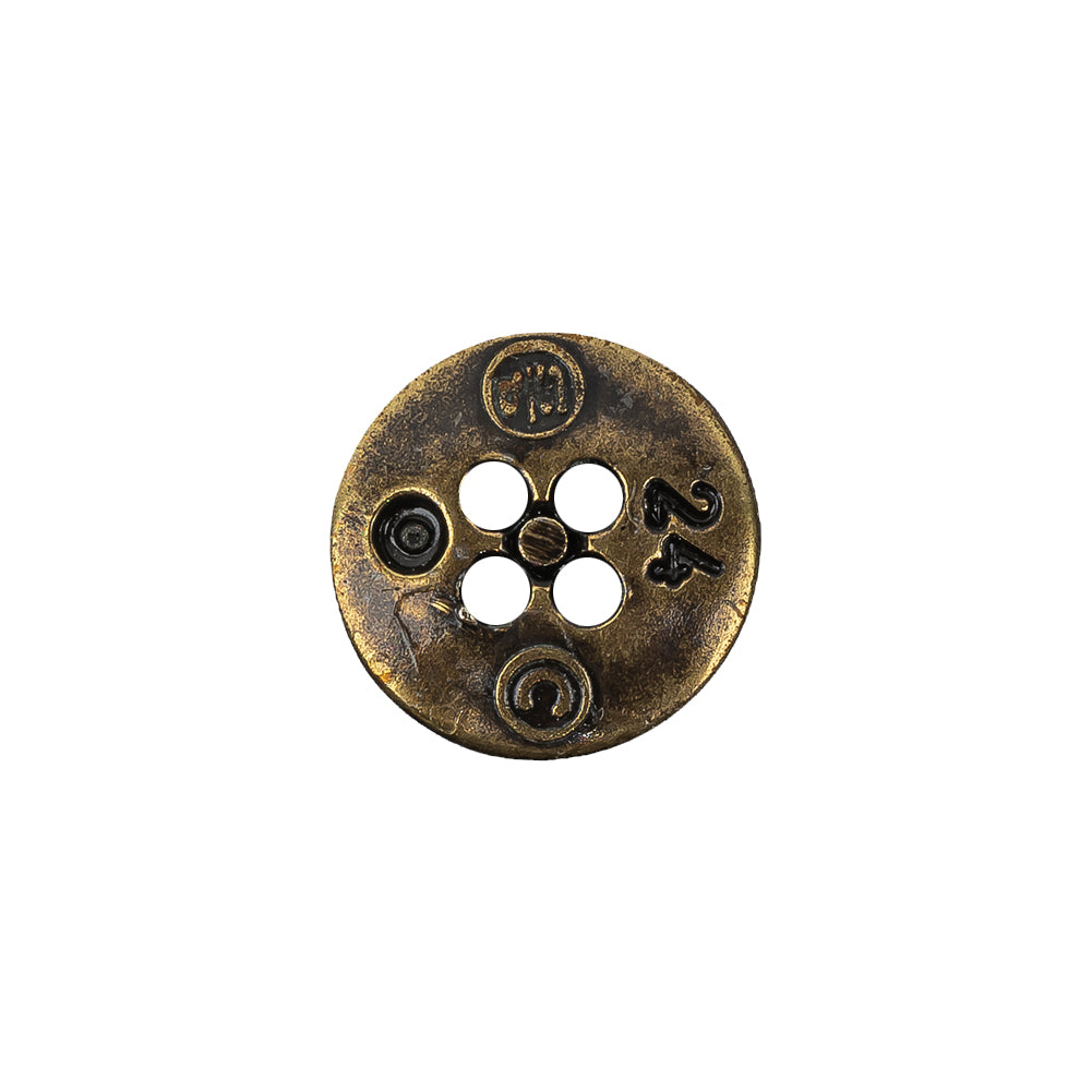 Italian Antique Brass Embossed Four Hole Saucer Button - 24L/15mm Detail Italian Antique Brass Embossed Four Hole Saucer Button - 24L/15mm Detail
