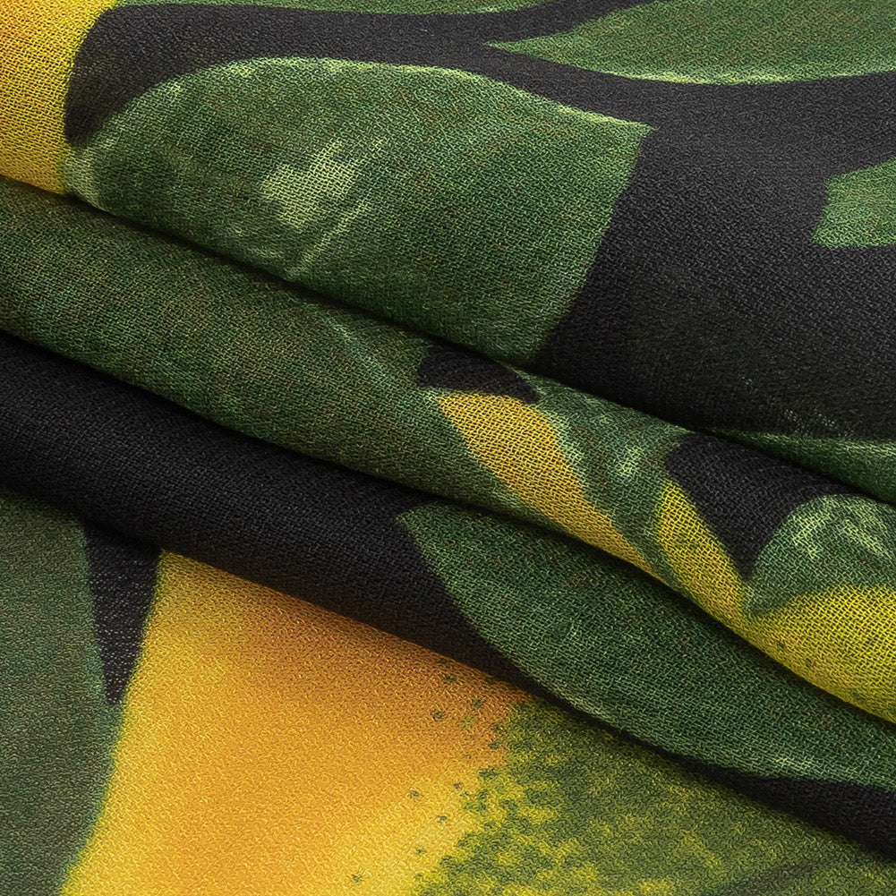 Famous NYC Designer Italian Amber and Green Pears Printed on Black Viscose Georgette Folded Famous NYC Designer Italian Amber and Green Pears Printed on Black Viscose Georgette Folded