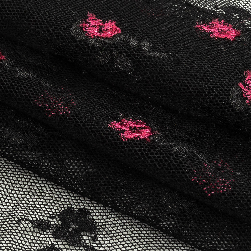 Black Stretch Mesh with Pink Embroidered Roses Folded Black Stretch Mesh with Pink Embroidered Roses Folded