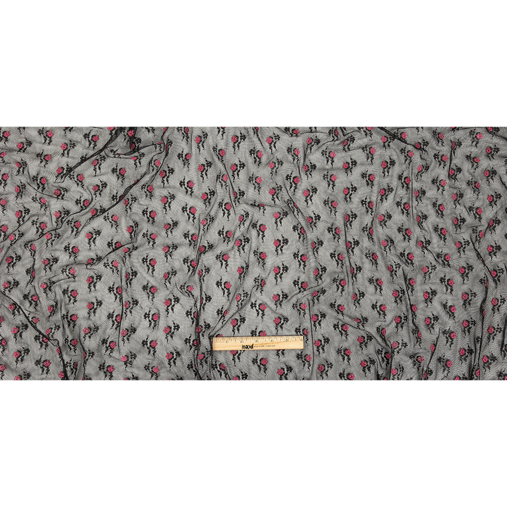 Black Stretch Mesh with Pink Embroidered Roses Full Black Stretch Mesh with Pink Embroidered Roses Full