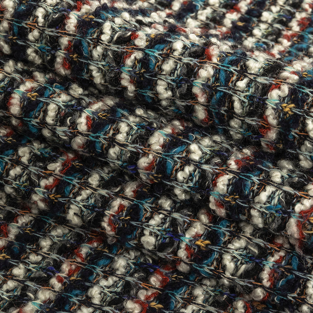 Teal, Russet Brown, and White Striped Chunky Sweater Knit Folded Teal, Russet Brown, and White Striped Chunky Sweater Knit Folded