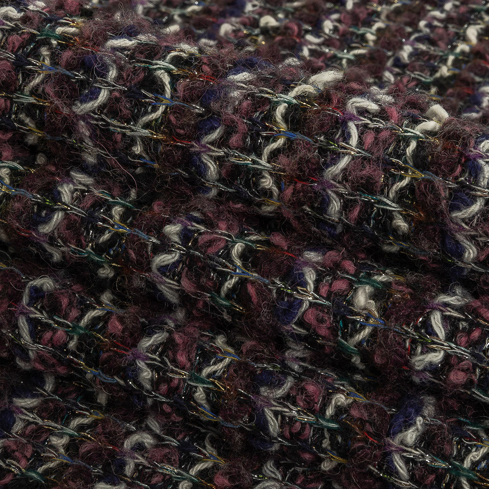 Rose, Eggplant and Metallic Silver Loopy Wool Sweater Knit Folded Rose, Eggplant and Metallic Silver Loopy Wool Sweater Knit Folded