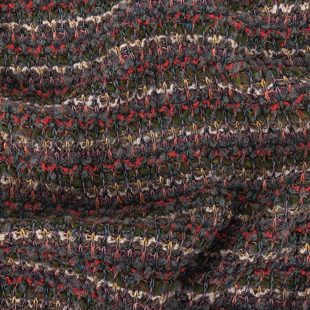 Hunter, Coral and Gray Stripes Boucled Wool Sweater Knit Hunter, Coral and Gray Stripes Boucled Wool Sweater Knit