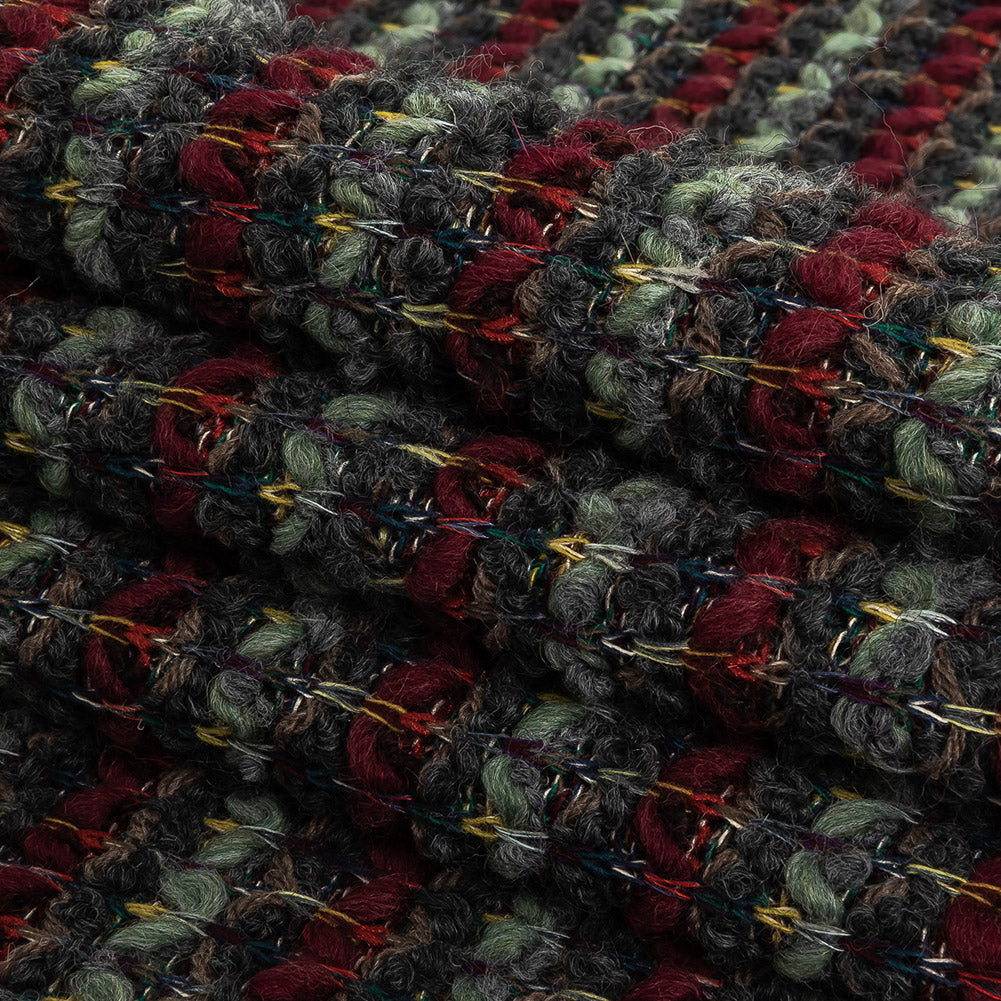 Italian Burgundy, Raven and Brunette Striped Chunky Wool Knit Folded Italian Burgundy, Raven and Brunette Striped Chunky Wool Knit Folded