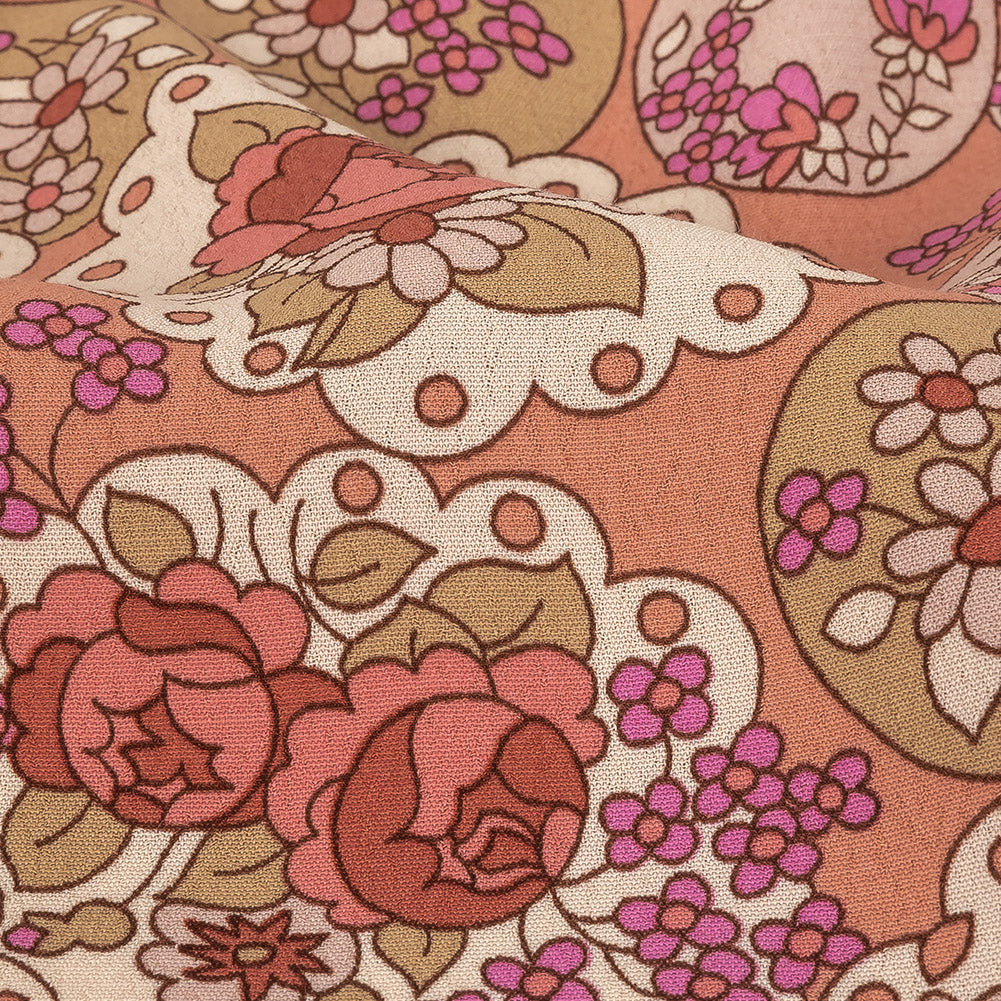 Italian Pink, Purple, and Cream Roses and Doilies Rayon Crepe Detail Italian Pink, Purple, and Cream Roses and Doilies Rayon Crepe Detail
